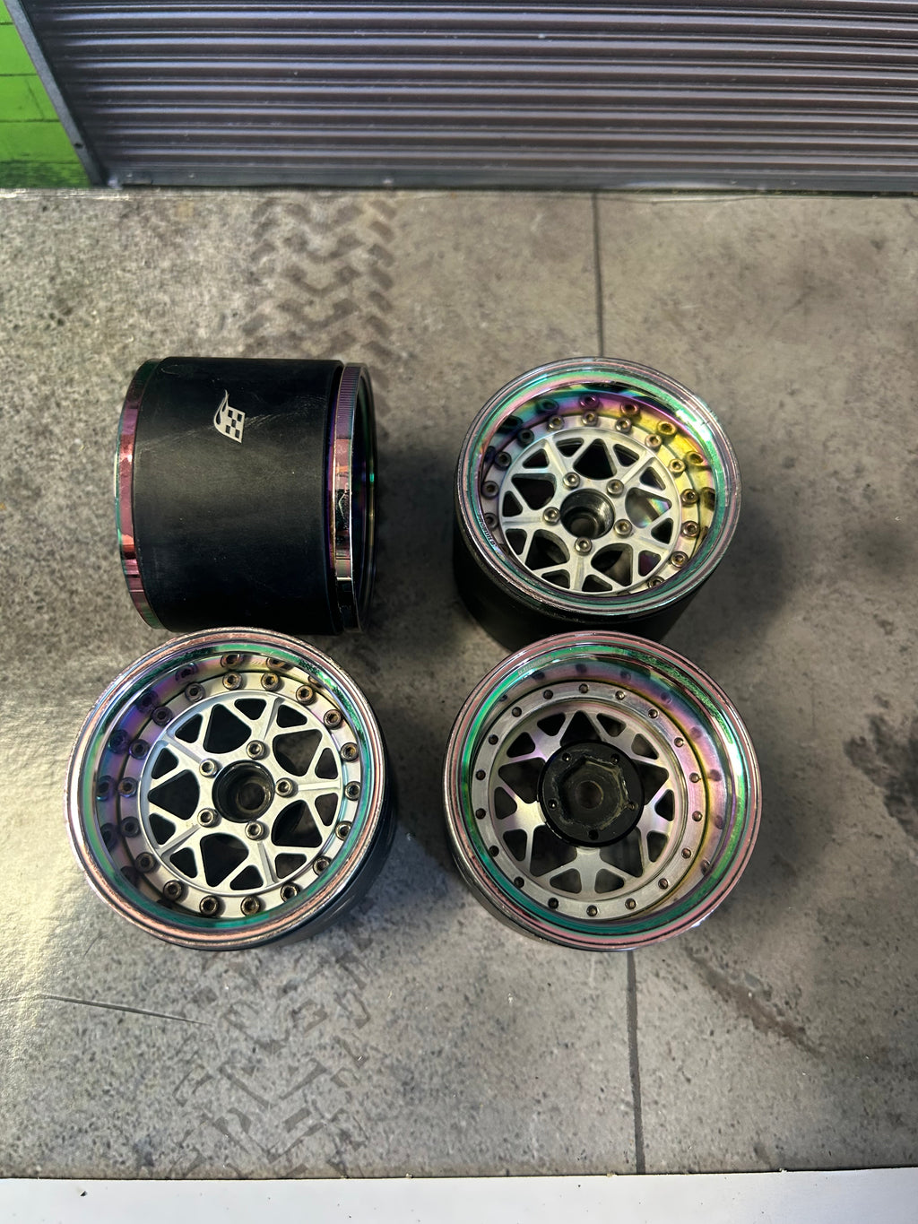 Used  Boom Racing ProBuild™ 1.9" Extra Wide LGB Adjustable Offset Aluminum Beadlock Wheels Neo Chrome/Flat Silver (set of 4)