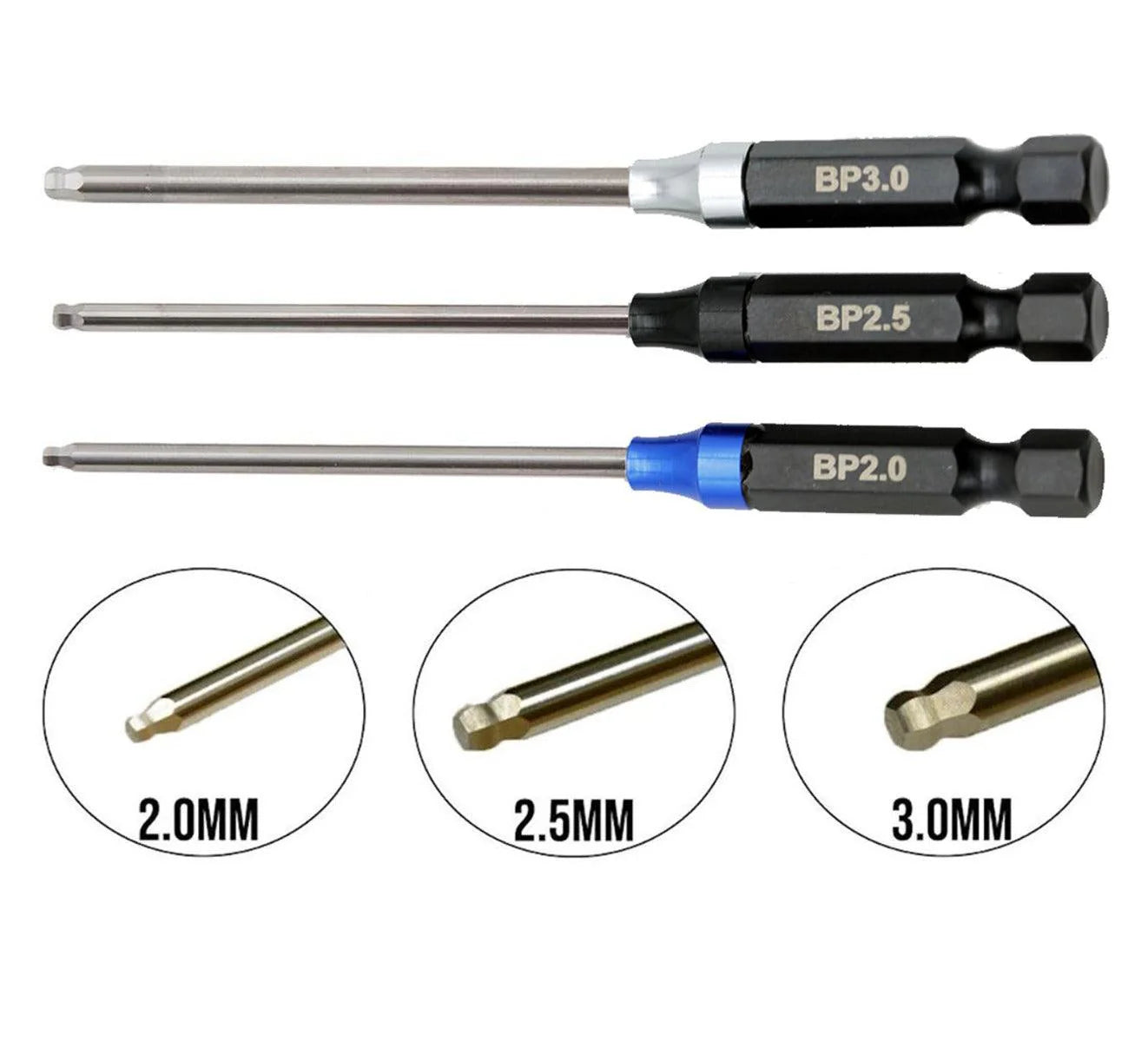 PHT011 Powerhobby RC Ball End Hex Driver Tip 1/4" Power Tool Set Metric 2.0, 2.5, 3.0mm